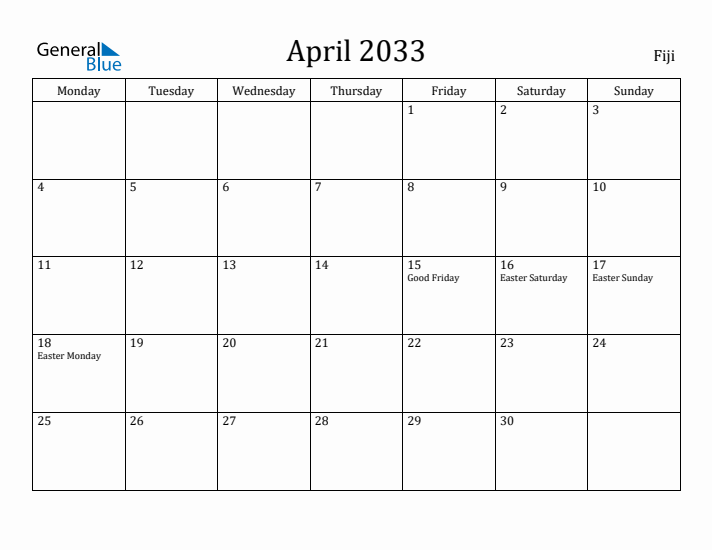 April 2033 Calendar Fiji