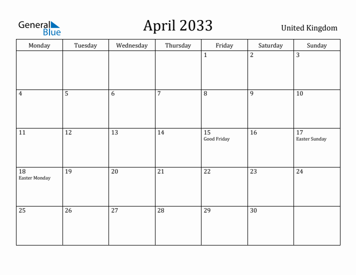 April 2033 Calendar United Kingdom
