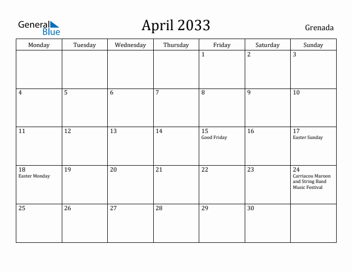 April 2033 Calendar Grenada