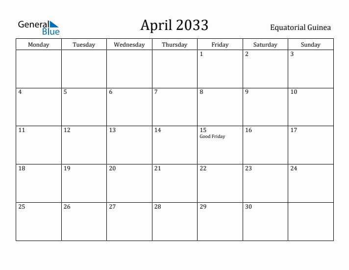 April 2033 Calendar Equatorial Guinea