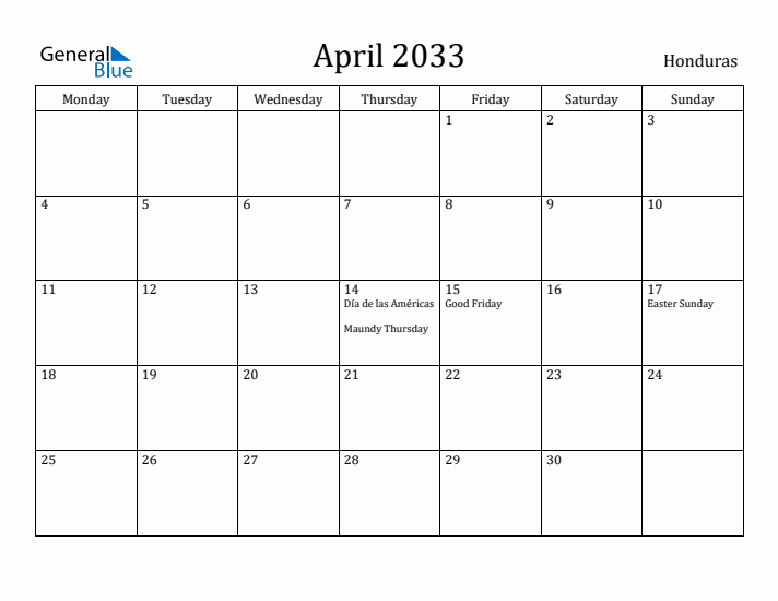 April 2033 Calendar Honduras