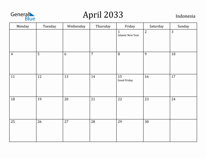 April 2033 Calendar Indonesia