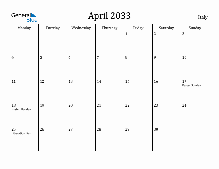 April 2033 Calendar Italy