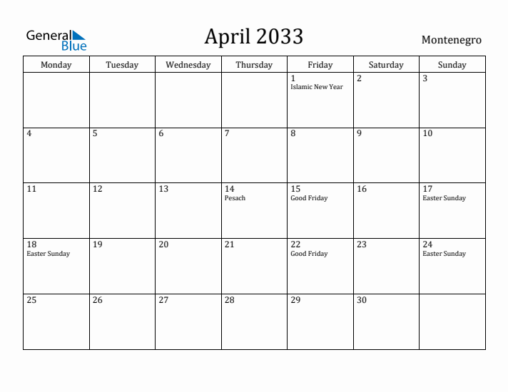 April 2033 Calendar Montenegro