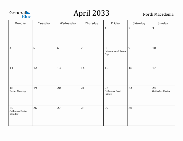 April 2033 Calendar North Macedonia