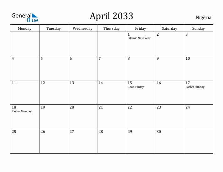 April 2033 Calendar Nigeria