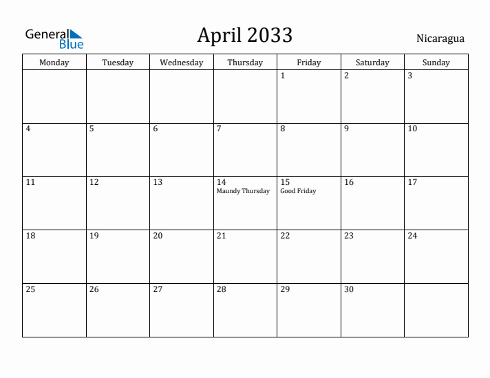 April 2033 Calendar Nicaragua