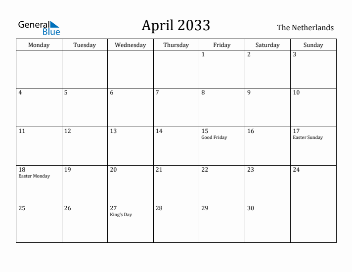 April 2033 Calendar The Netherlands