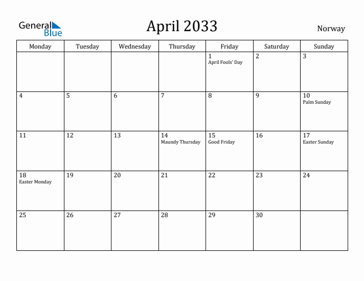 April 2033 Calendar Norway