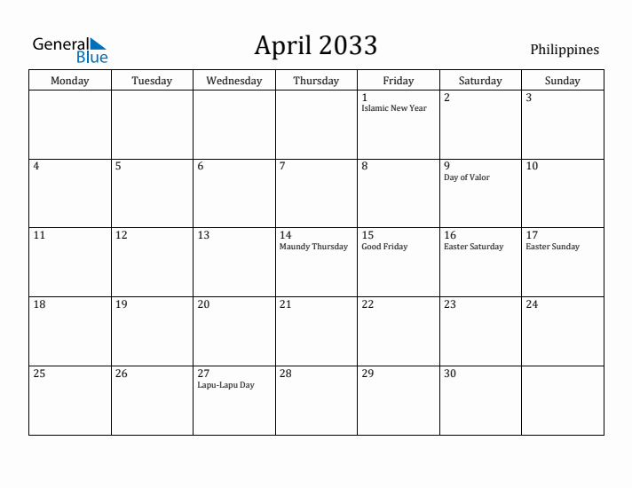 April 2033 Calendar Philippines