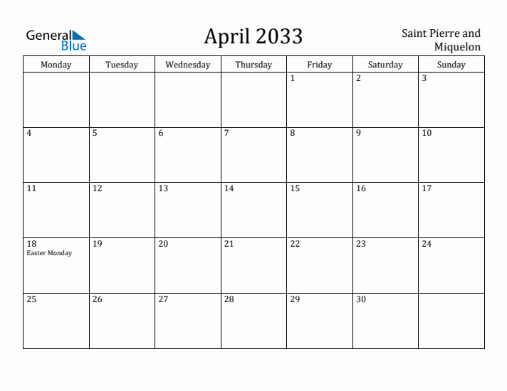 April 2033 Calendar Saint Pierre and Miquelon
