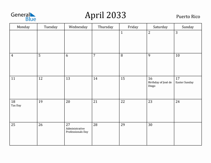 April 2033 Calendar Puerto Rico
