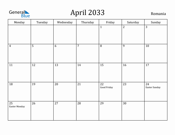 April 2033 Calendar Romania