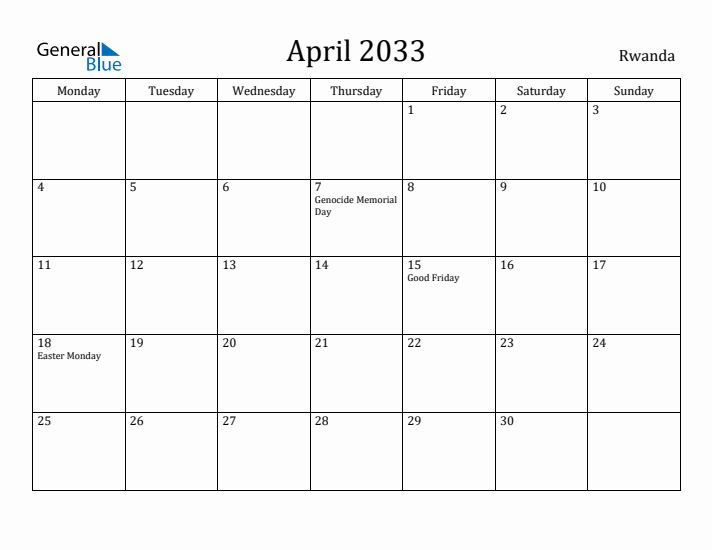 April 2033 Calendar Rwanda