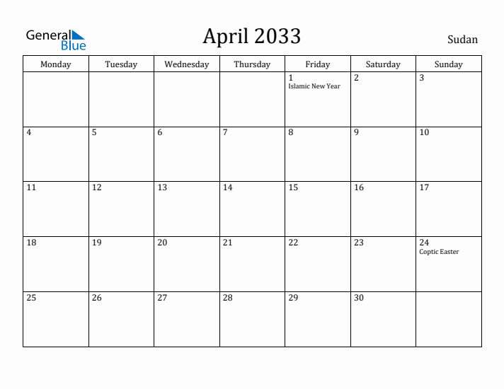 April 2033 Calendar Sudan