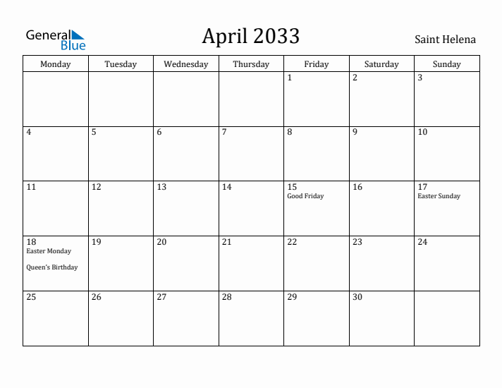 April 2033 Calendar Saint Helena