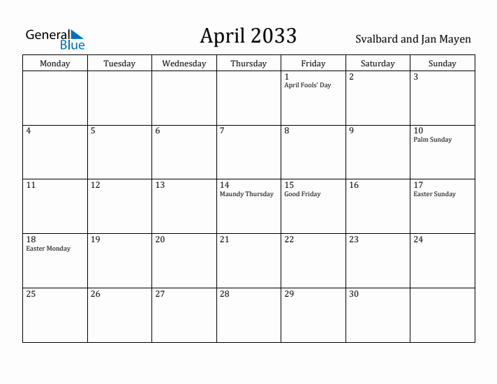 April 2033 Calendar Svalbard and Jan Mayen