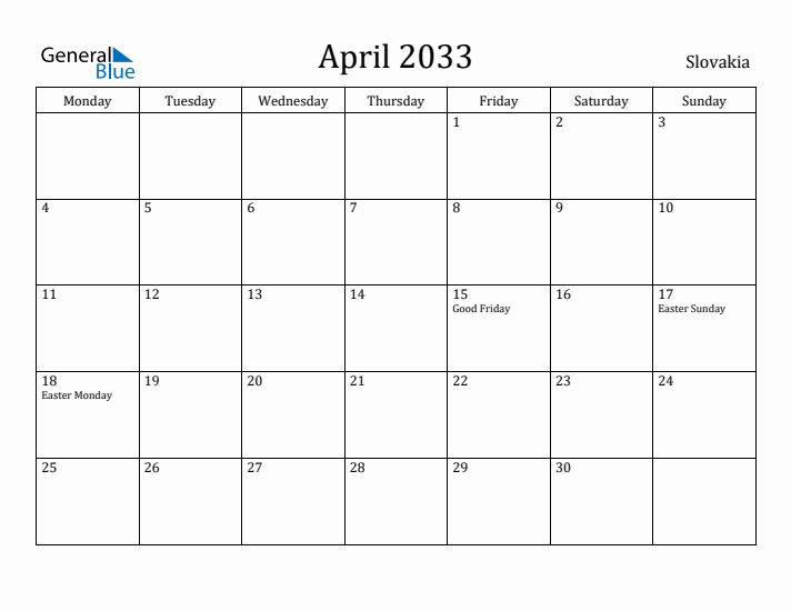 April 2033 Calendar Slovakia