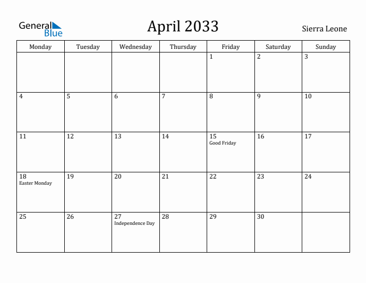 April 2033 Calendar Sierra Leone