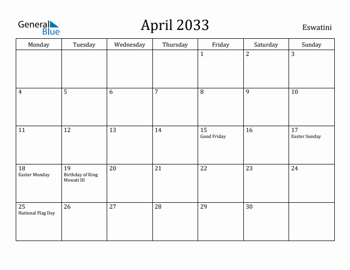 April 2033 Calendar Eswatini