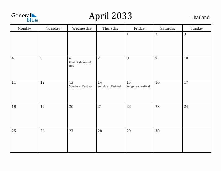 April 2033 Calendar Thailand