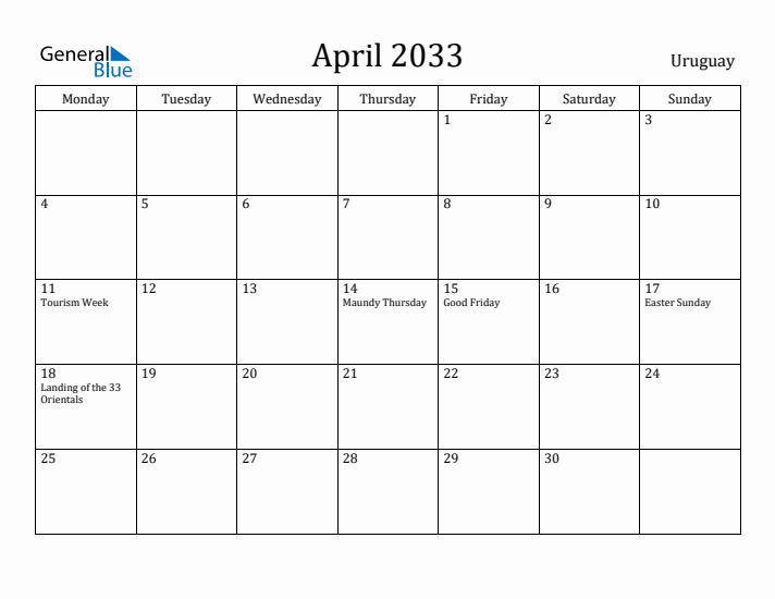 April 2033 Calendar Uruguay