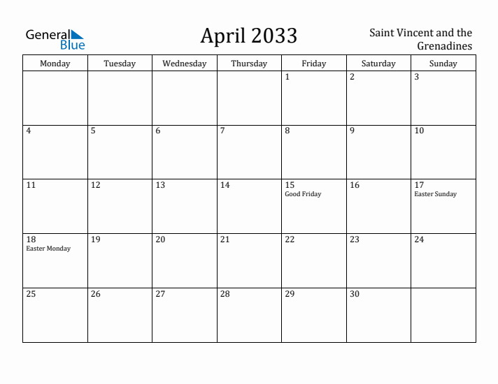 April 2033 Calendar Saint Vincent and the Grenadines