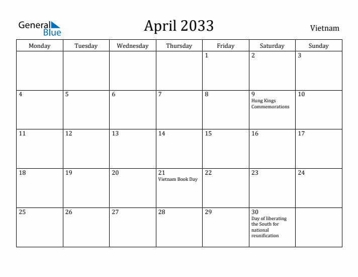 April 2033 Calendar Vietnam