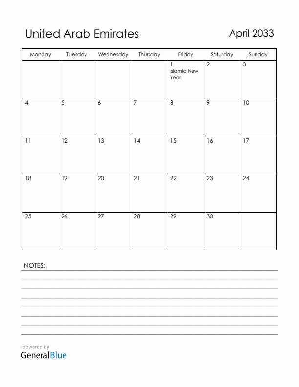 April 2033 United Arab Emirates Calendar with Holidays (Monday Start)