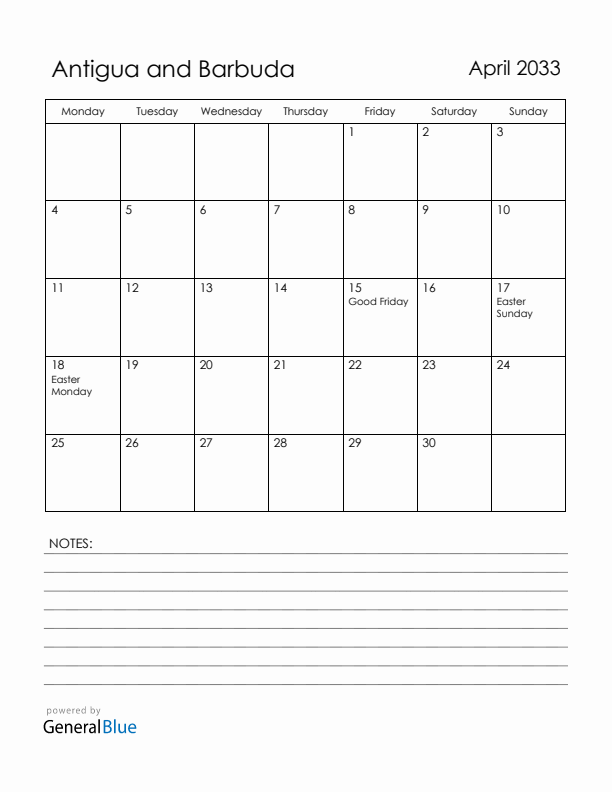 April 2033 Antigua and Barbuda Calendar with Holidays (Monday Start)