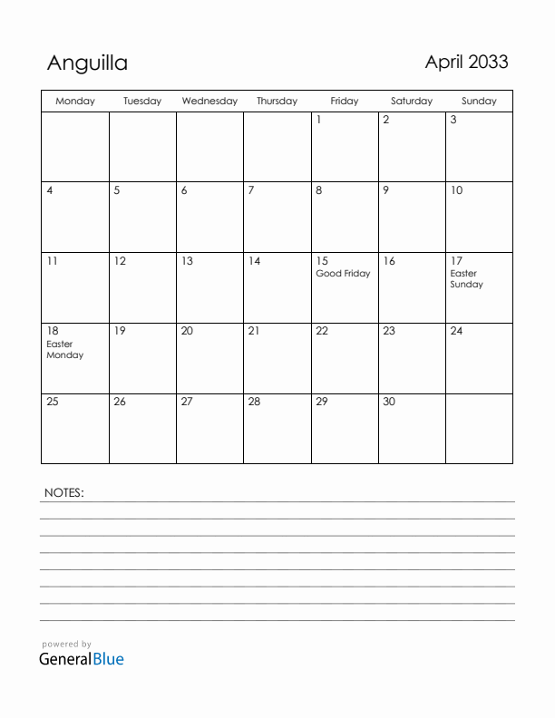April 2033 Anguilla Calendar with Holidays (Monday Start)