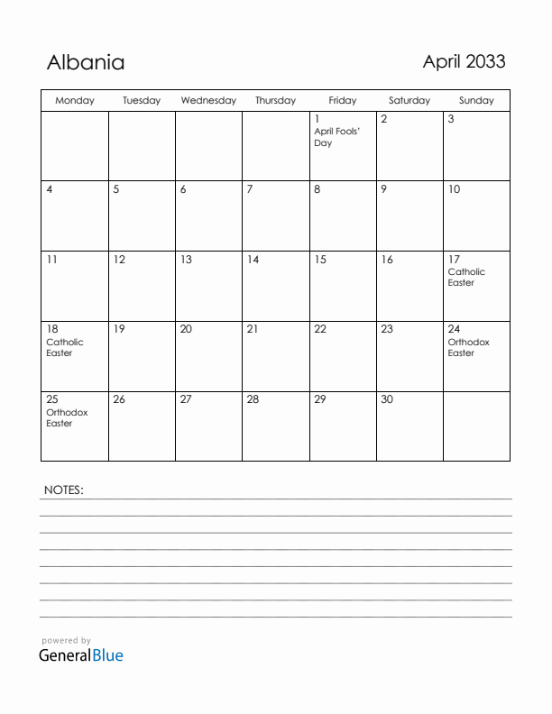 April 2033 Albania Calendar with Holidays (Monday Start)