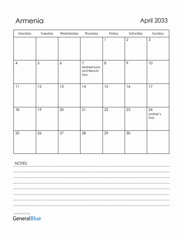 April 2033 Armenia Calendar with Holidays (Monday Start)