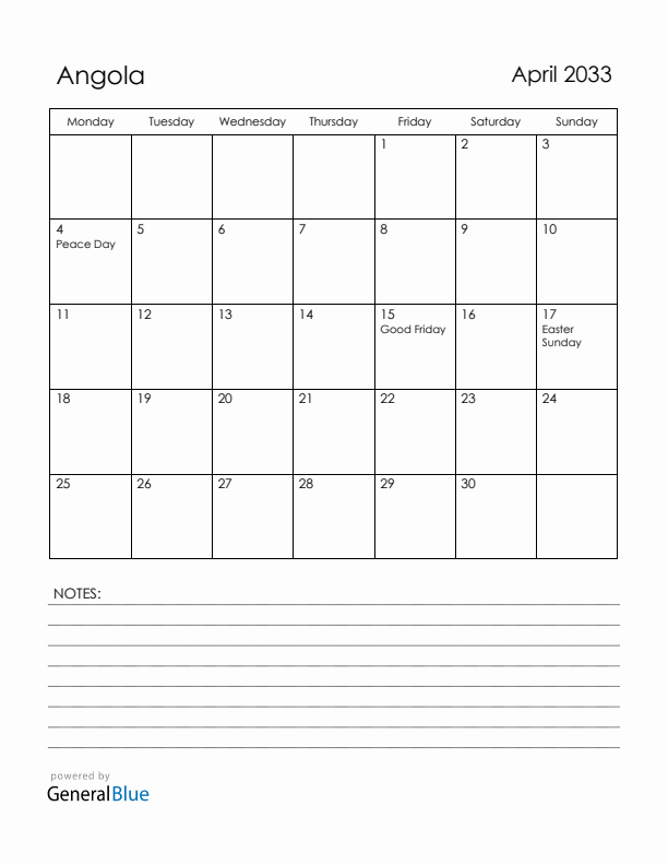April 2033 Angola Calendar with Holidays (Monday Start)