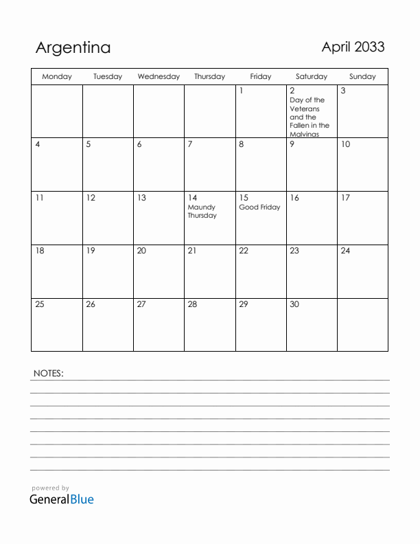 April 2033 Argentina Calendar with Holidays (Monday Start)