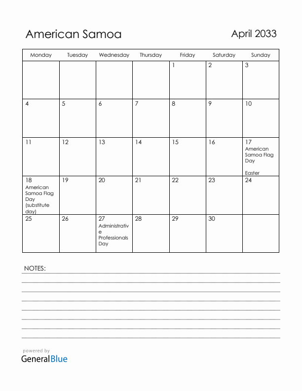 April 2033 American Samoa Calendar with Holidays (Monday Start)