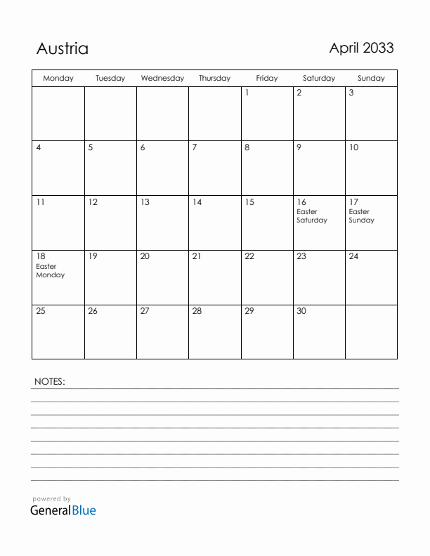 April 2033 Austria Calendar with Holidays (Monday Start)