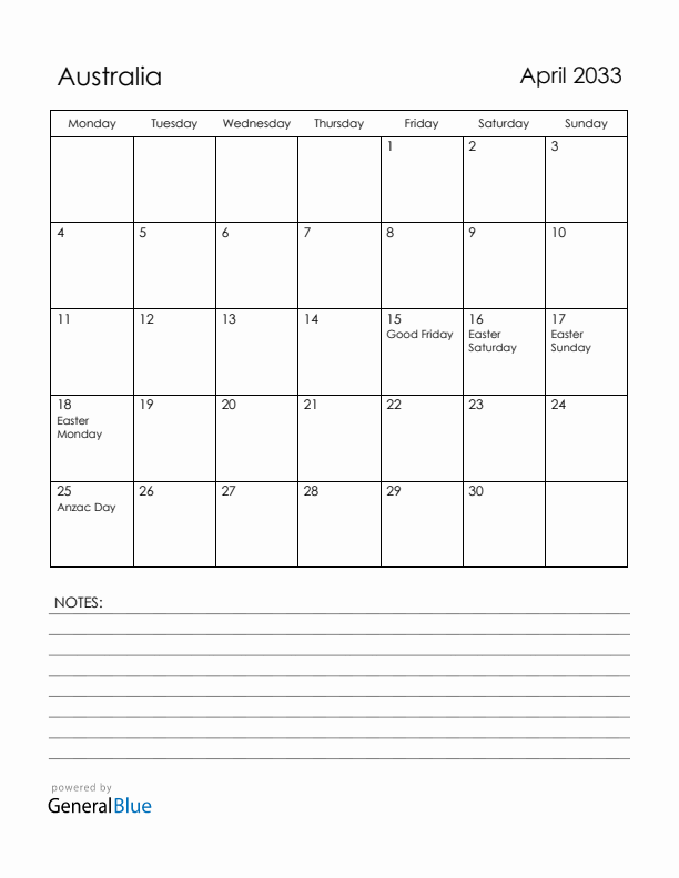 April 2033 Australia Calendar with Holidays (Monday Start)
