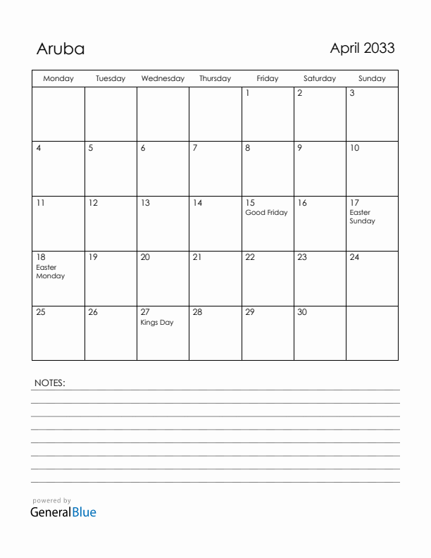 April 2033 Aruba Calendar with Holidays (Monday Start)