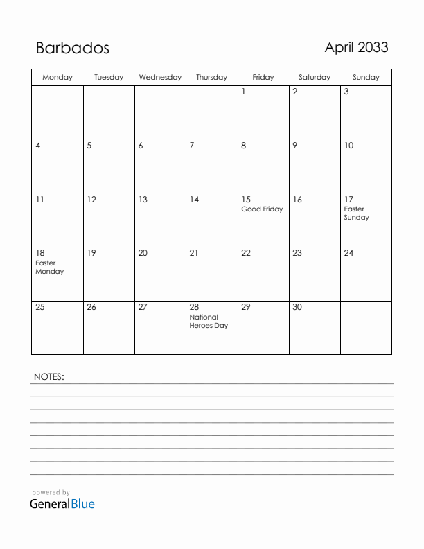 April 2033 Barbados Calendar with Holidays (Monday Start)