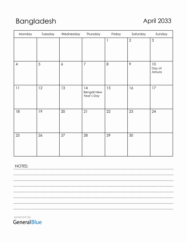 April 2033 Bangladesh Calendar with Holidays (Monday Start)