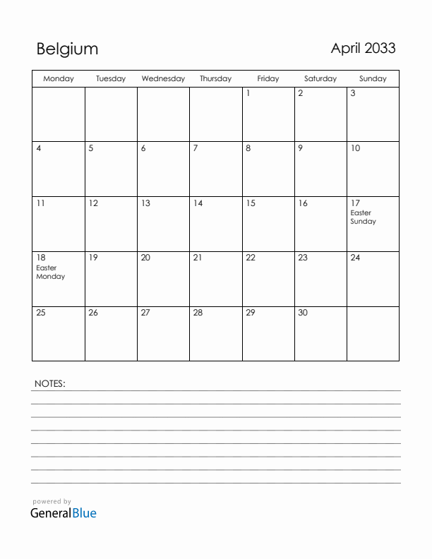 April 2033 Belgium Calendar with Holidays (Monday Start)