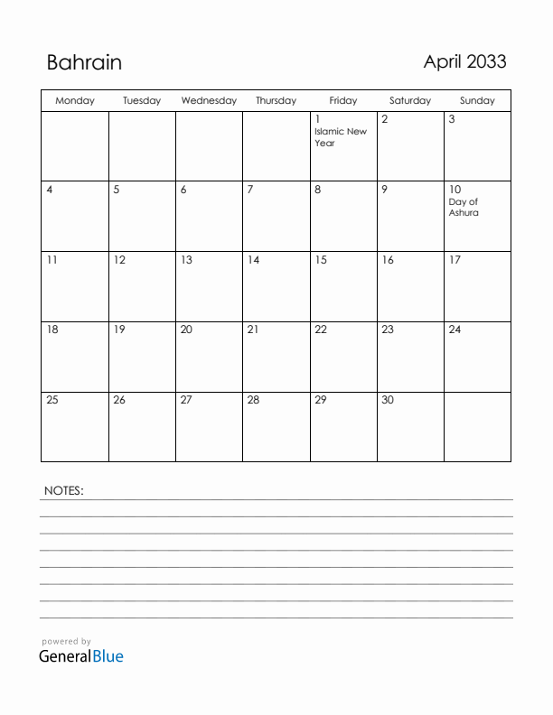 April 2033 Bahrain Calendar with Holidays (Monday Start)