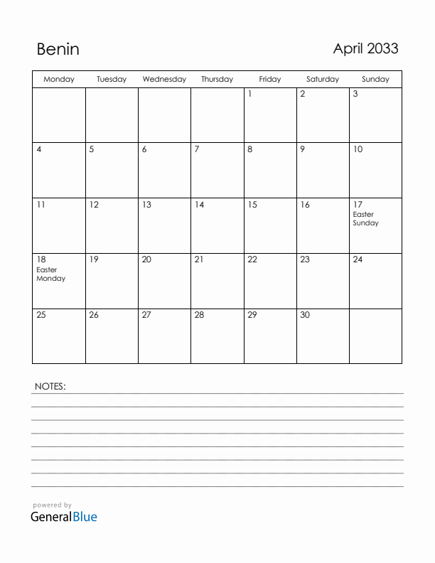 April 2033 Benin Calendar with Holidays (Monday Start)