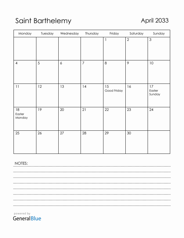 April 2033 Saint Barthelemy Calendar with Holidays (Monday Start)