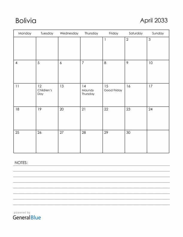 April 2033 Bolivia Calendar with Holidays (Monday Start)