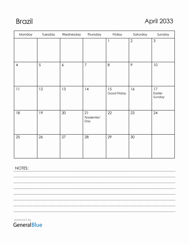April 2033 Brazil Calendar with Holidays (Monday Start)