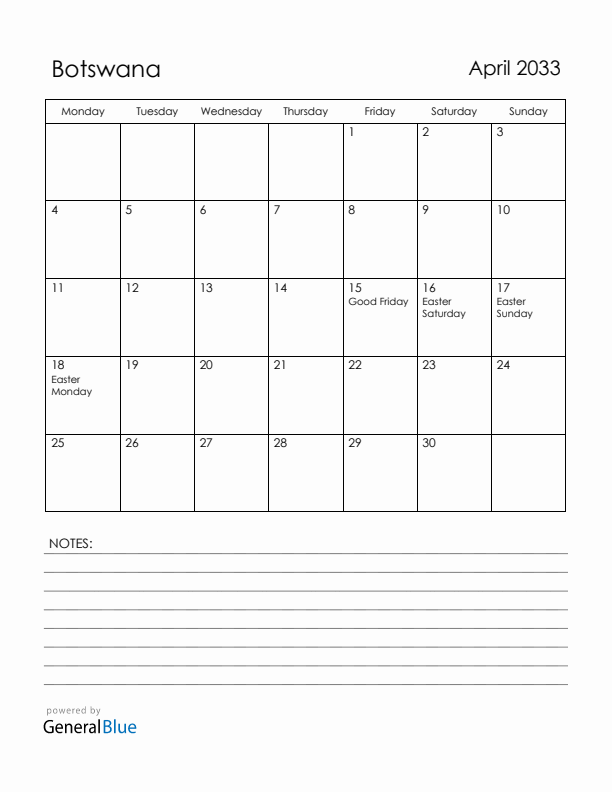 April 2033 Botswana Calendar with Holidays (Monday Start)