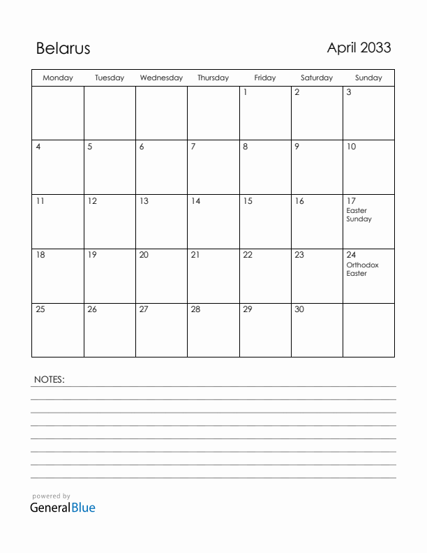 April 2033 Belarus Calendar with Holidays (Monday Start)