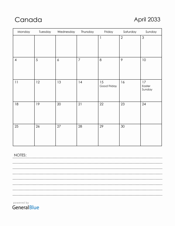 April 2033 Canada Calendar with Holidays (Monday Start)